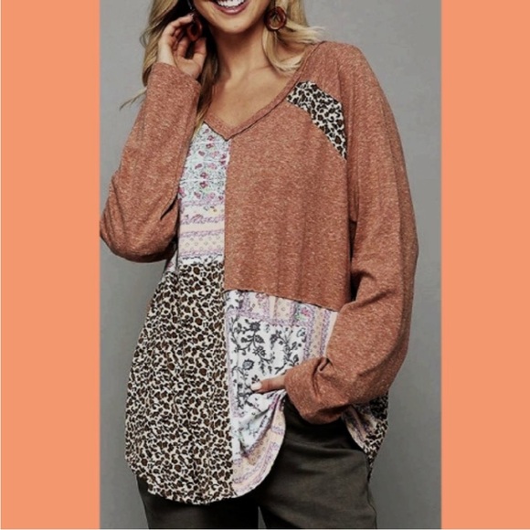 Long Sleeve Women’s Top Blouse T Shirt Peach Brown Leopard UMGEE Gigio 1X - Picture 1 of 4